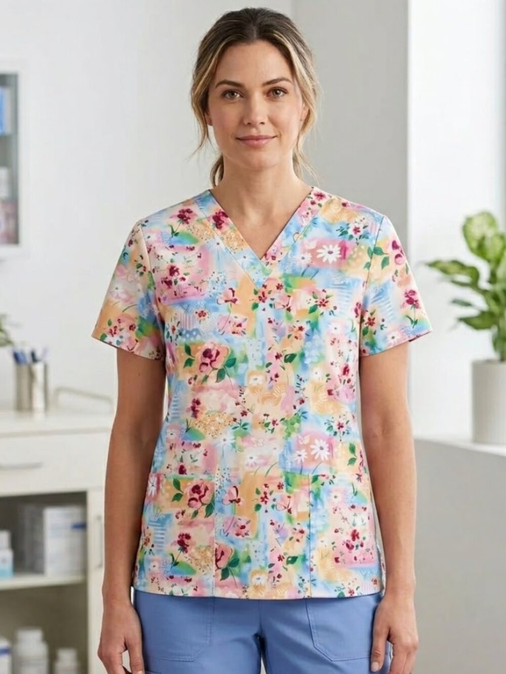 *3 FOR $9* White Swan WS Fundamentals Short Sleeve Floral V-neck Scrub Top Shirt